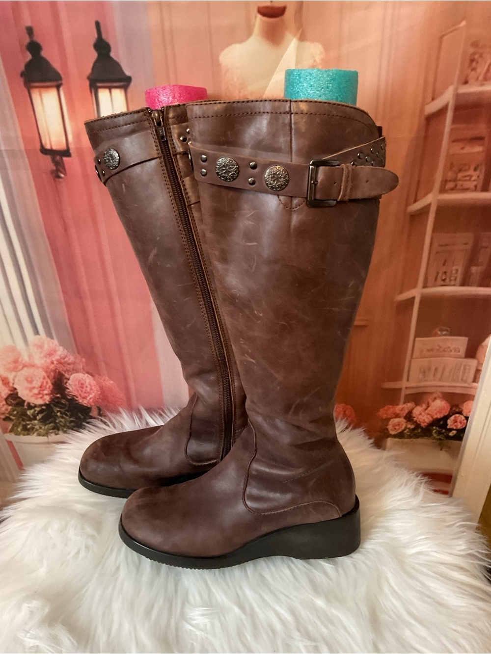 Brown Women's Tall Zip Boots with Decorative Buckle